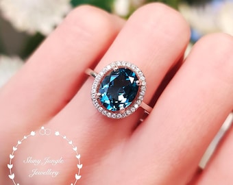 Modern Halo London Blue Topaz Engagement ring, 3 Carats 8*10 mm Oval Cut Dark Teal Blue Topaz promise ring, Micro Pavé Halo Topaz Ring