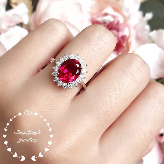 Royal Halo Design Genuine Lab Grown Ruby Engagement Ring July Birthstone Promise Ring White rose Gold Plated Silver Red Gem Cluster Ring Etsy