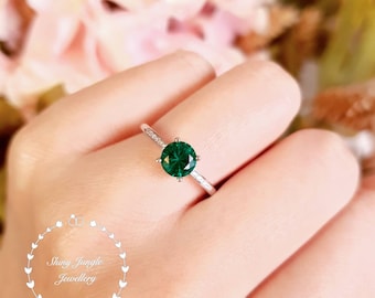 Delicate emerald ring, 1 carat 6 mm round emerald engagement ring with diamond simulants pave, dainty green gemstone promise ring