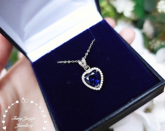 Sapphire Heart Necklace, Heart Cut 2 Carats 8*8 mm Genuine Lab Grown Royal Blue Sapphire Halo Pendant, September Birthstone Gift for Her