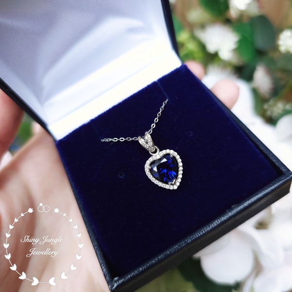 Sapphire Heart Necklace, Heart Cut 2 Carats 8*8 mm Genuine Lab Grown Royal Blue Sapphire Halo Pendant, September Birthstone Gift for Her