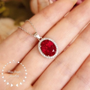 Modern Halo Genuine Lab Grown Ruby Necklace, 3 carats 8*10 mm Oval Cut Ruby with Micro Pavé setting, July Birthstone Pendant, Red Gemstone