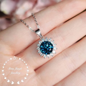 Flower Halo Round London Blue Topaz Pendant, 2 Carats 8mm Round Cut Peacock Blue Topaz Solitaire Necklace, December Birthstone Gift
