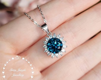 Flower Halo Round London Blue Topaz Pendant, 2 Carats 8mm Round Cut Peacock Blue Topaz Solitaire Necklace, December Birthstone Gift