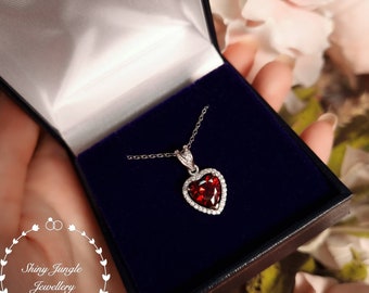 Halo Heart Shaped Garnet Necklace, 2 carats 8*8mm Deep Red Heart Cut Garnet Pendant, January Birthstone Pendant, Valentine's Gift For Her