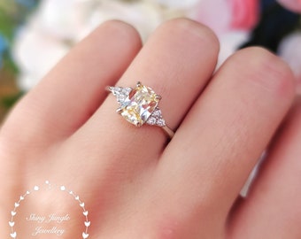 Yellow Diamond Ring, Three Stone Engagement Ring, 2-carat Cushion Cut Fancy Yellow Diamond Simulant ring, Pastel Yellow Diamond Promise Ring