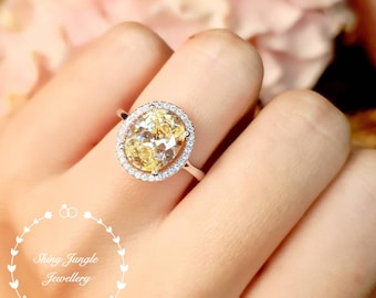 Halo pastel yellow diamond promise ring, 3 ct 8*10 mm Oval yellow diamond simulant engagement ring, white/rose gold plated sterling silver