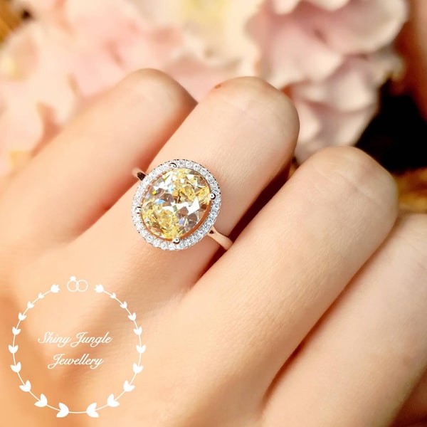 Halo pastel yellow diamond promise ring, 3 ct 8*10 mm Oval yellow diamond simulant engagement ring, white/rose gold plated sterling silver