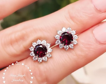 Flower Halo Garnet Earrings, 1 Carat 6*6 mm Lab Garnet Stud Earrings, Deep Red Garnet Studs, January Birthstone Gift