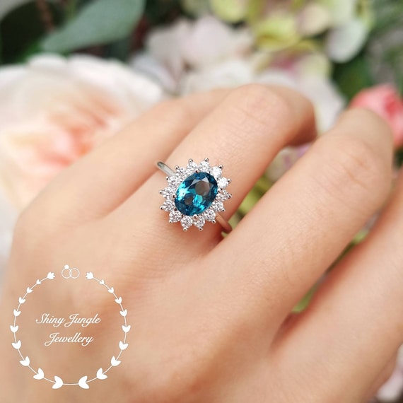Halo 2 Carats 68 Mm Oval Cut London Blue Topaz Ring Diana Halo