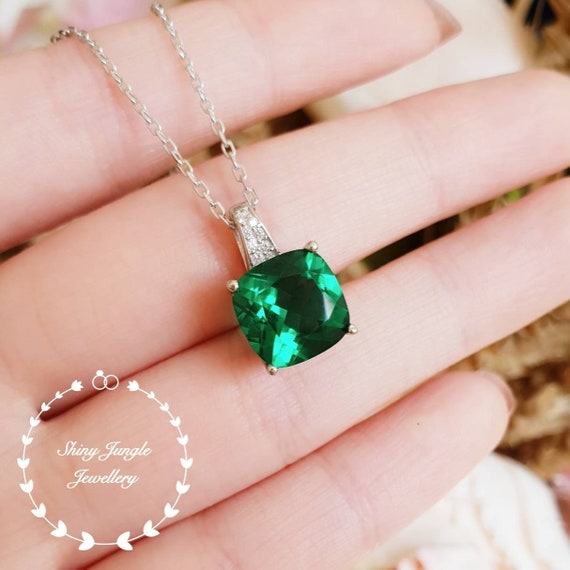 Cushion Emerald Pendant 3ct Green Lab Necklace