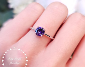 Dainty Amethyst Ring, 1 Carat Simple Amethyst Sterling Silver Solitaire, February Birthstone Gift For Her
