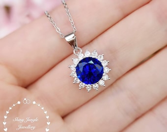 Flower Halo Sapphire Necklace, 2 carats 8 mm Round Cut Genuine Lab Grown Royal Blue Sapphire Halo Pendant, September Birthstone Gift
