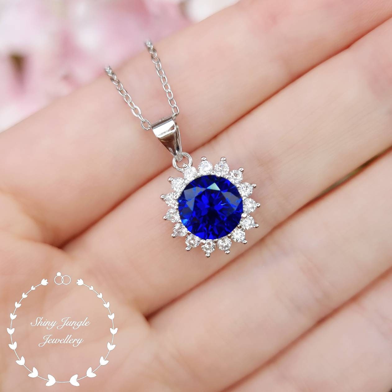 Flower Halo Sapphire Necklace 2 carats 8 mm Round Cut Genuine Lab