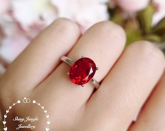 Bague de fiançailles solitaire en rubis véritable cultivé en laboratoire 3 carats, bague de promesse avec pierre de naissance de juillet, bague solitaire en rubis simple