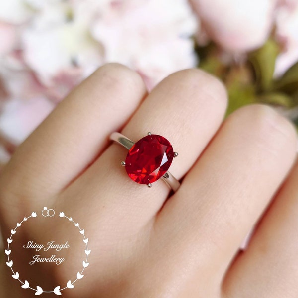 Bague de fiançailles solitaire en rubis véritable cultivé en laboratoire 3 carats, bague de promesse avec pierre de naissance de juillet, bague solitaire en rubis simple