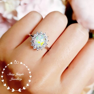 2 carats Diana Halo Fire Opal engagement ring, 6*8 mm white opal cabochon ring with diamond simulants halo, October Birthstone Promise Ring