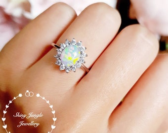 Halo Opal engagement ring, 6*8 mm white opal cabochon ring with diamond simulants halo, October Birthstone promise ring,  modern Opal ring
