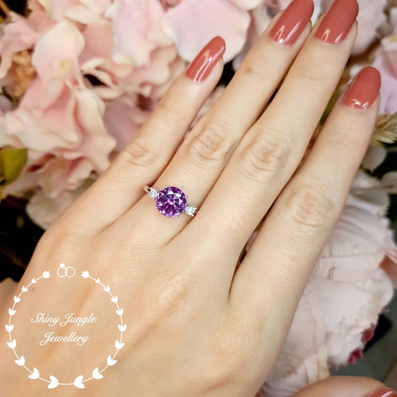 Alexandrite Ring, 2 carats 8 mm Round Cut Alexandrite Three Stone Engagement Ring, June Birthstone Promise Ring, Colour Changing Gemstone image 3