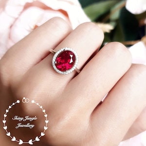 Modern Halo Ruby Engagement Ring, 3 carats 810 mm Oval Cut Genuine Lab Grown Pigeons Blood Ruby, Red Gemstone Ring, July Birthstone Gift image 1