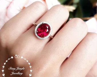 Modern Halo Ruby Engagement Ring, 3 carats 8×10 mm Oval Cut Genuine Lab Grown Pigeons Blood Ruby, Red Gemstone Ring, July Birthstone Gift