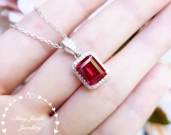 Emerald cut Genuine lab grown Pigeon's Blood Ruby necklace, 3 carats 7×9 mm emerald cut ruby halo pendant, white/rose gold plated silver