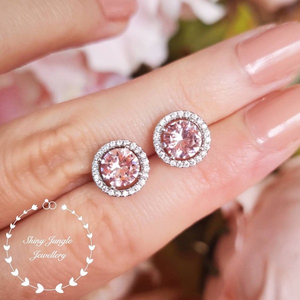 1 Carat Round Cut Halo Morganite Stud Earrings, Pastel Pink Morganite Bridal Earrings, Classic Halo Earrings, Modern Micropave Halo Earrings