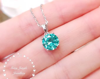 Simple Paraiba Tourmaline Pendant, 2 Carats Round Bright Teal Tourmaline Solitaire Necklace, Turquoise Gemstone, October Birthstone Gift