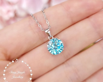 Swiss Blue Topaz Pendant, 2 Carats 8mm Round Cut Sky Blue Topaz Solitaire Necklace  December birthstone Pendant, Light Blue Bridal Pendant