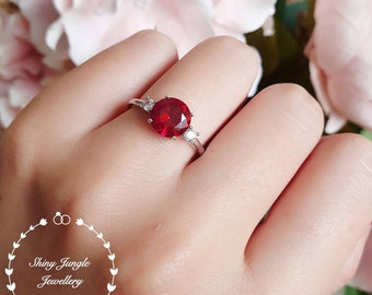 Round three stone genuine lab grown ruby engagement ring, July Birthstone promise ring, ruby trilogy ring, white/rose gold plated silver