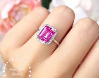 Halo Emerald Cut Pink Sapphire Ring, 3 carats 7*9 mm Genuine Lab Grown Hot Pink Sapphire Engagement Ring, September Birthstone Promise Ring