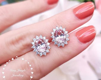 Rare Pastel Blush Pink Genuine Lab Grown Sapphire Halo Earrings, 2 Carats 6*8 Oval Light Padparadscha Sapphire Earrings, Diana Halo Earrings