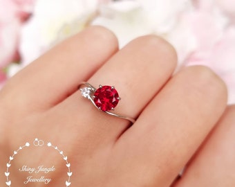 Dainty 1 Carat Round Cut Genuine Lab Grown Ruby Ring, Delicate Wavy Ruby Ring, July Birthstone Promise Ring, Curved Band Red Gemstone Ring