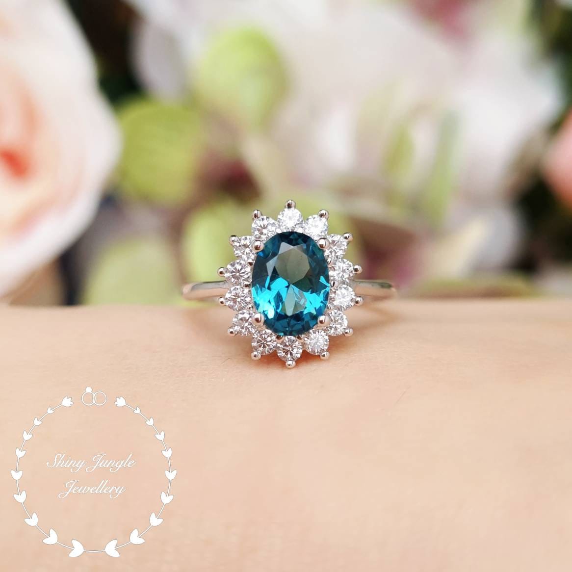 Halo 2 Carats 6 8 mm Oval Cut London Blue Topaz ring Diana Halo