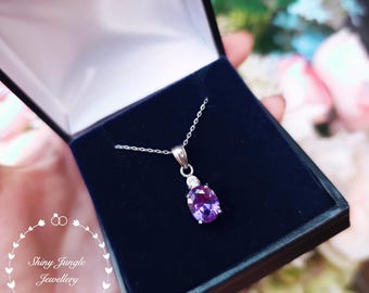 Oval Alexandrite Necklace, 3 Carat 8*10 mm Lab Alexandrite Elongated Pendant, Purple Colour Changing Gemstone Pendant, June Birthstone Gift