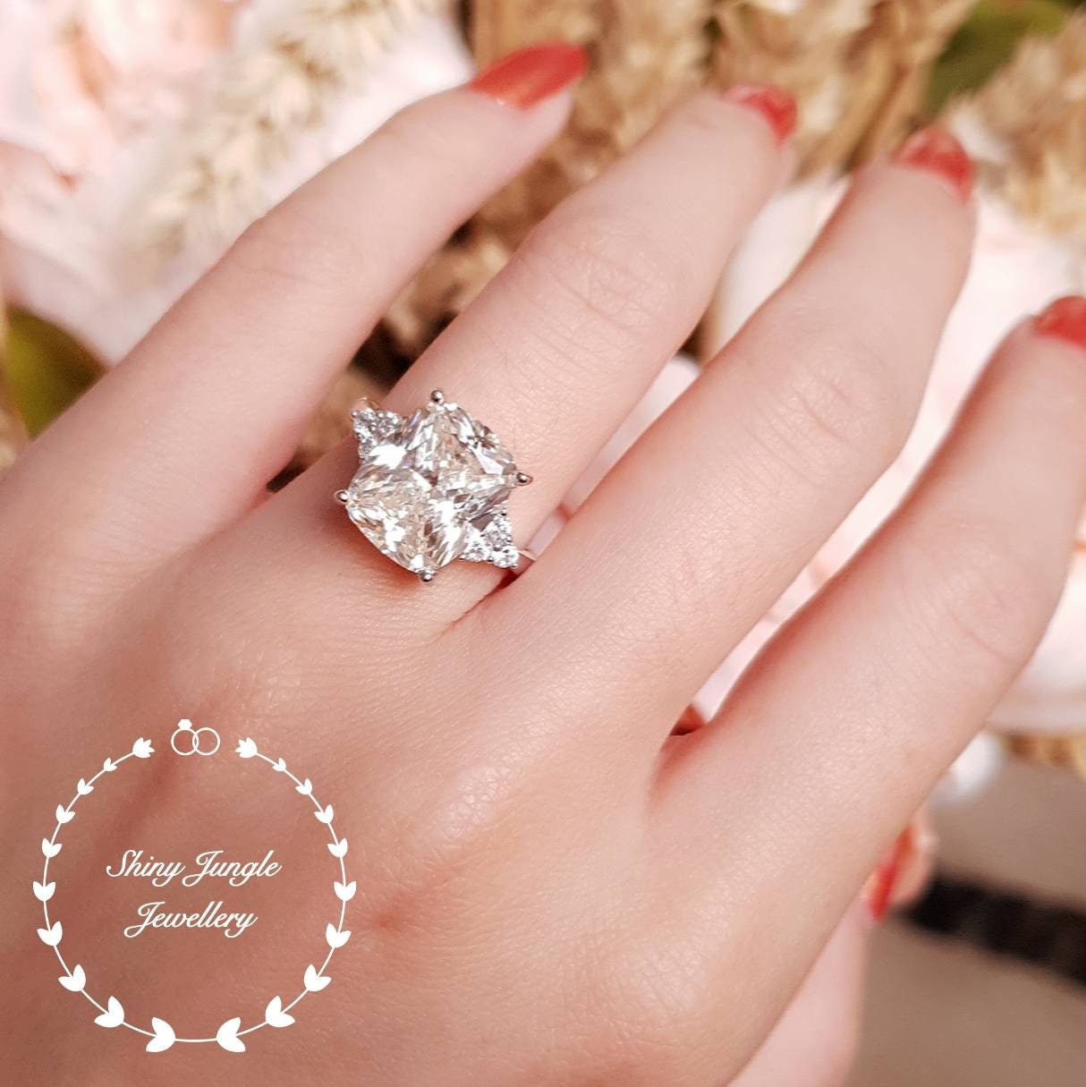 Statement diamond ring, cushion cut 5 carat diamond engagement ring