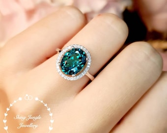 Modern halo Indicolite tourmaline ring, 3 carats 8*10 mm oval cut greenish blue tourmaline ring, peacock teal stone ring, October birthstone