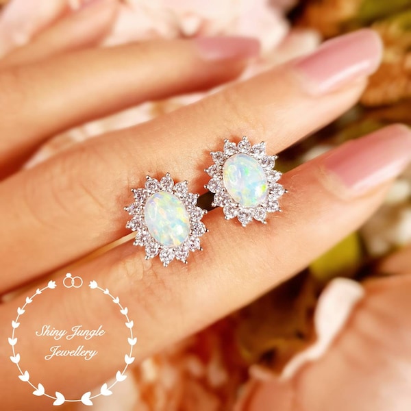 Royal Halo design White Fire Opal Stud Earrings, 6*8 Oval Cabochon Opal Earrings, October Birthstone Gift, Bridal Earrings, Cluster Earrings