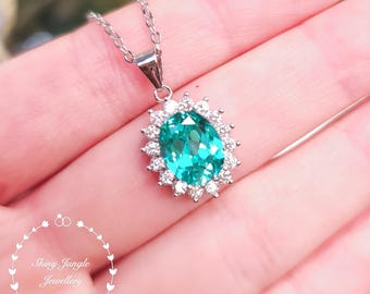 Halo Paraiba Tourmaline Necklace, Oval Cut 3ct 8*10 mm Pastel Teal Green Tourmaline Pendant, Turquoise Gemstone Pendant, October Birthstone