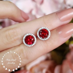 1 Carat Round Pigeons Blood Genuine Lab Grown Ruby Stud Earrings, Modern Round Halo Ruby Earrings, Bridal Earrings, Micropave Halo Earrings