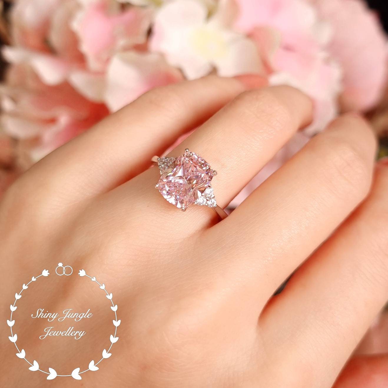 Pink Diamond Ring, 3 Stone Style Engagement Ring, 3 Carats Cushion Cut Fancy Pink Diamond Simulant Ring, Pastel Pink Diamond Solitaire Ring