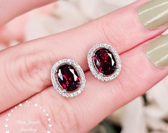 Modern Halo Oval Garnet Earrings, 2 Carat 6*8 mm Oval Cut Garnet Stud Earrings, Deep Red Garnet Studs, January Birthstone Gift