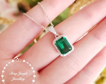 Halo Emerald cut Emerald pendant, Muzo green lab emerald necklace with chain, May birthstone pendant, rectangular green stone pendant