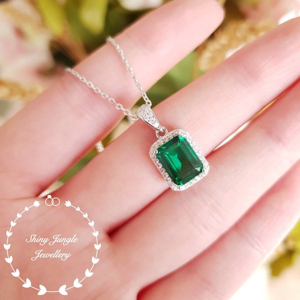 Halo Emerald cut Emerald pendant, Muzo green lab emerald necklace with chain, May birthstone pendant, rectangular green stone pendant