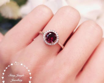 1 Carat Modern Halo Garnet Engagement Ring, 6 mm Round Cut Deep Red Lab Garnet Micro-Pave Halo Ring, January Birthstone Promise Ring