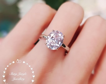 Simple Oval Diamond Engagement Ring, 3 Carats 8×10 mm Diamond Simulant Solitaire, April Birthstone Promise Ring