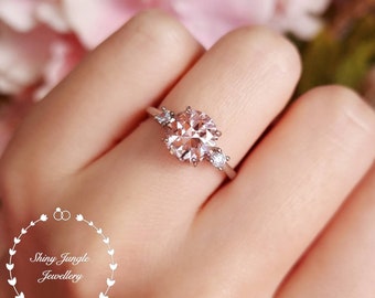 2 Carats Morganite Engagement Ring, Classic Trilogy Morganite Ring, Round Cut 8 mm Morganite Promise Ring, Light Peachy Pink Morganite Ring