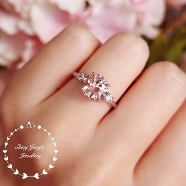 2 Carats Morganite Engagement Ring, Classic Trilogy Morganite Ring, Round Cut 8 mm Morganite Promise Ring, Light Peachy Pink Morganite Ring