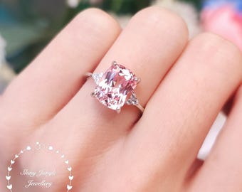 Rare Pastel Blush Pink Genuine Lab Grown Sapphire Engagement Ring, 4 Carats 8*10 Cushion Light Padparadscha Sapphire Ring, Three Stone Ring