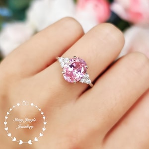 Pink Diamond Ring, 3 Carats Oval Pink Diamond Three Stone Engagement Ring, 8*10 mm Fancy Vivid Pink Diamond Simulant Ring, Promise Ring